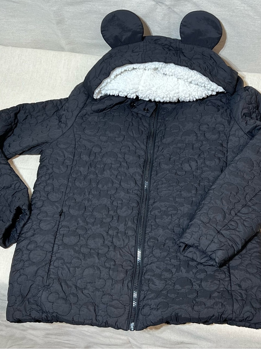 Disney Black Quilted Puffer Women’s Jacket with Sherpa-Lined Hood and Ear Detail